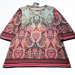 Cruise by Creation 3/4 Sleeve Blue Pink Paisley Tunic Size Small Bust 38 In NWT